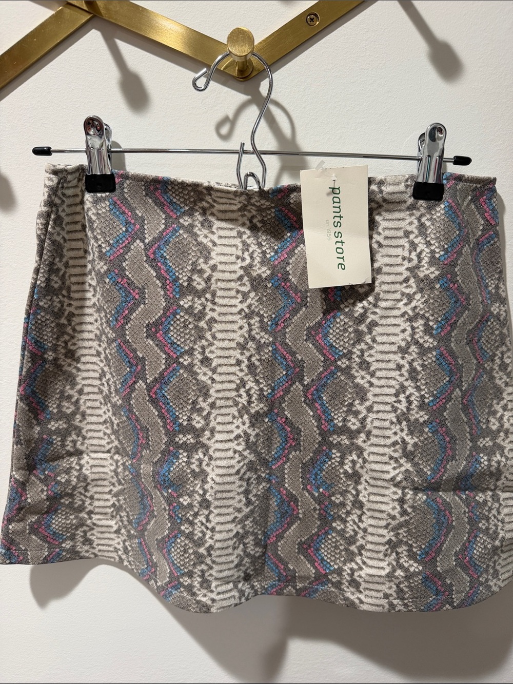 Snake-Print Mini Skirt in Taupe with Pink & Blue Accents Small